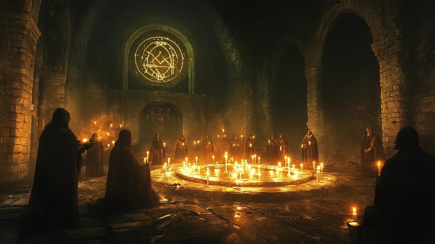 Secret society of villagers meeting in candle